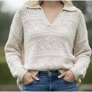 Loft Oatmeal Pointelle Polo Style V Neck Spread Collar Lightweight Blouse Sz Med